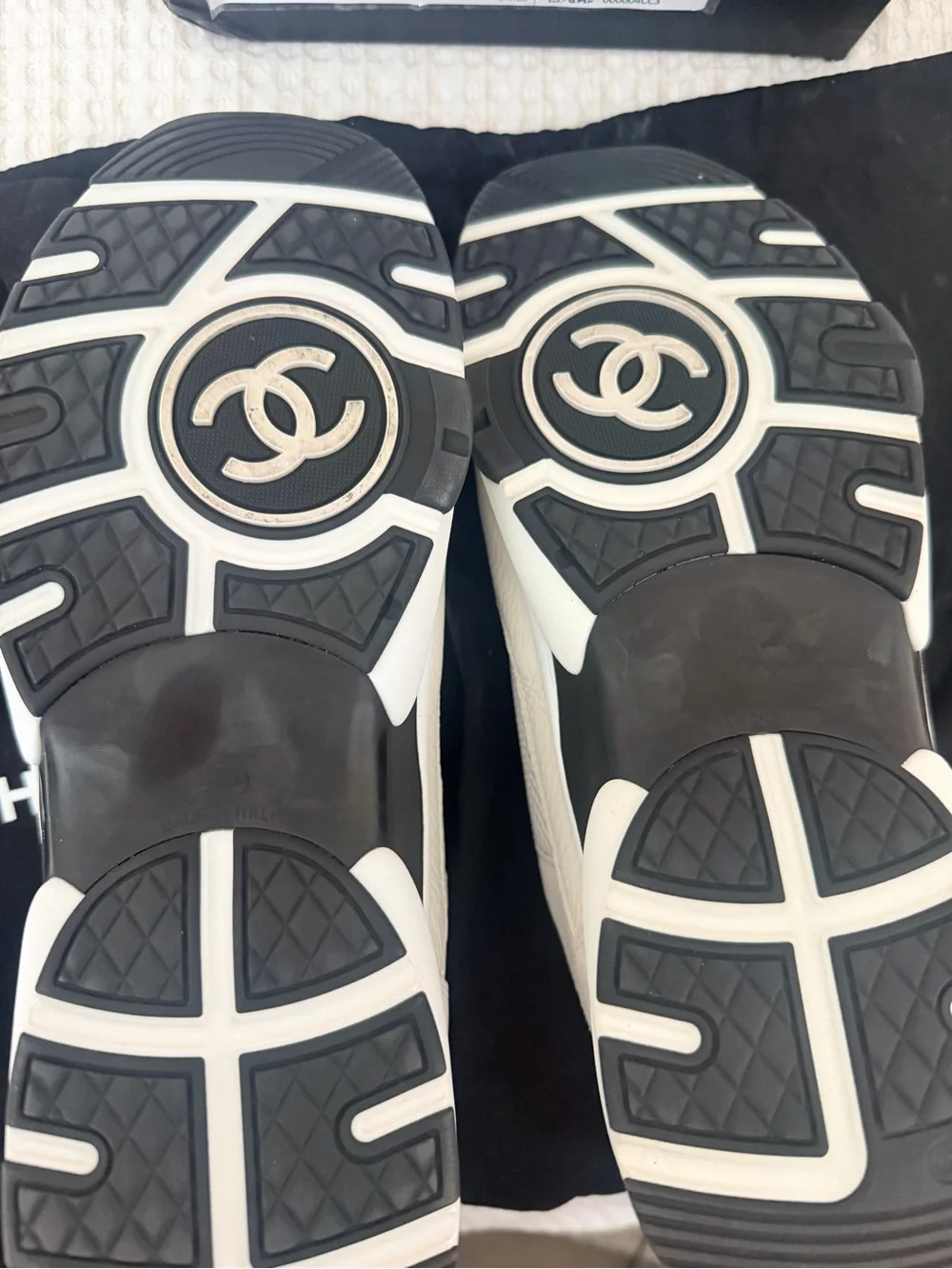 CHANEL Cream and Black Leather Logo Sneakers